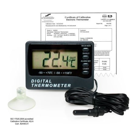 Bel-Art H-B DURAC Calibrated Dual Zone Elec Thermometer , -50/70C -58/158F Ext, -10/50C 14/122F Int 609000500